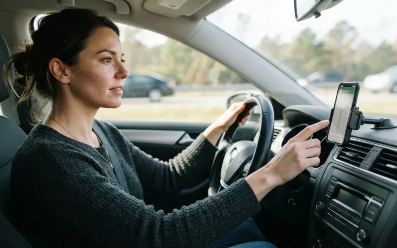 a person driving a car and using a smartphone mounted on the dashboard