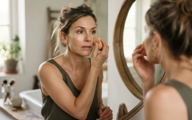 a woman applying foundation to her face in front of a mirror