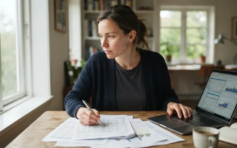a person looking at financial papers and a laptop