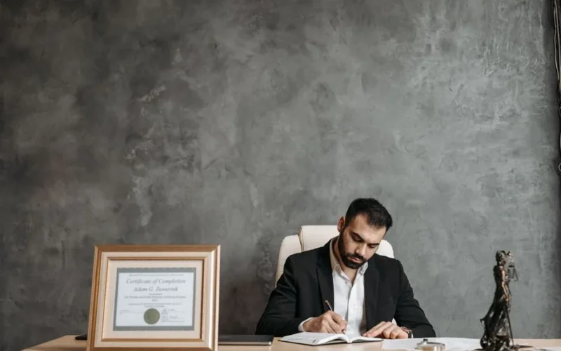 A business professional writing at a desk with a framed certificate and justice statue.