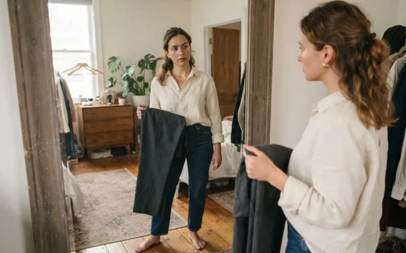 a woman comparing different pairs of pants in front of a mirror