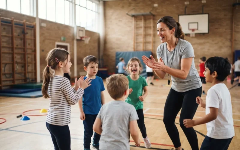 a teacher leading children in a school gym