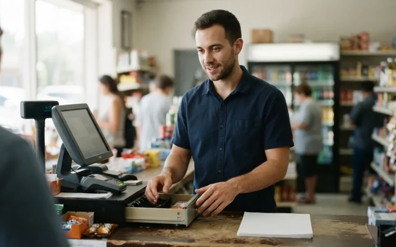 a person working at a convenience store counter