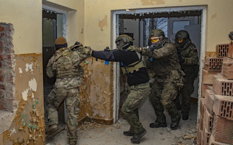 A team of Polish 1st Territorial Defence Brigade and U.S. Army National Guard soldiers clear a room during a training exercise in Sejny, Poland on November 17, 2021. Soldiers assigned to 3rd Battalion, 161st Infantry Regiment helped train Polish, Croatian and Romanian soldiers in close-quarters combat techniques in an urban defense scenario. (U.S. Army photo by Spc. Jameson Harris)