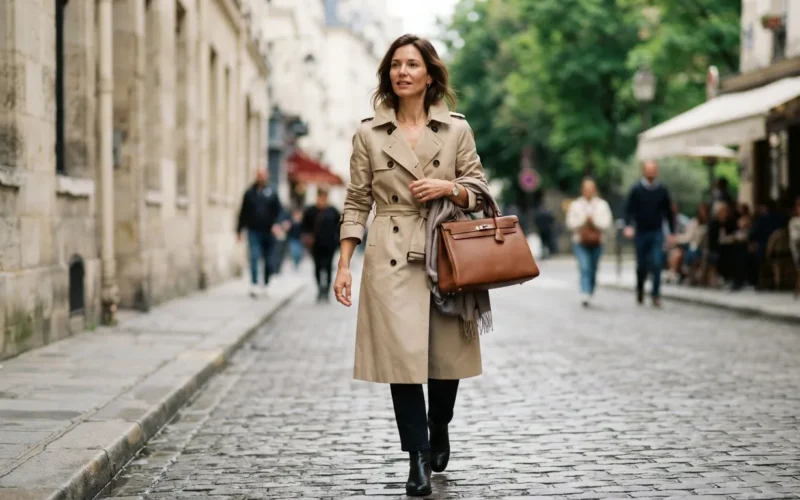 a woman wearing a classic trench coat and holding a leather handbag