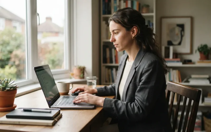 a woman in a smart casual outfit working on a laptop at a home desk