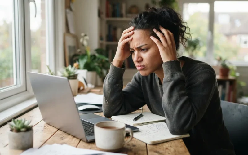 a person working at a desk looking frustrated
