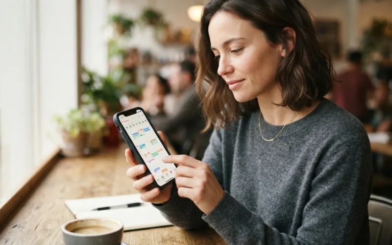 a person using a smartphone with a colorful calendar app on the screen