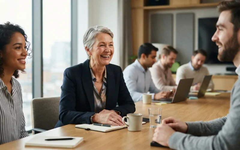 a smiling older woman in a business meeting with younger colleagues