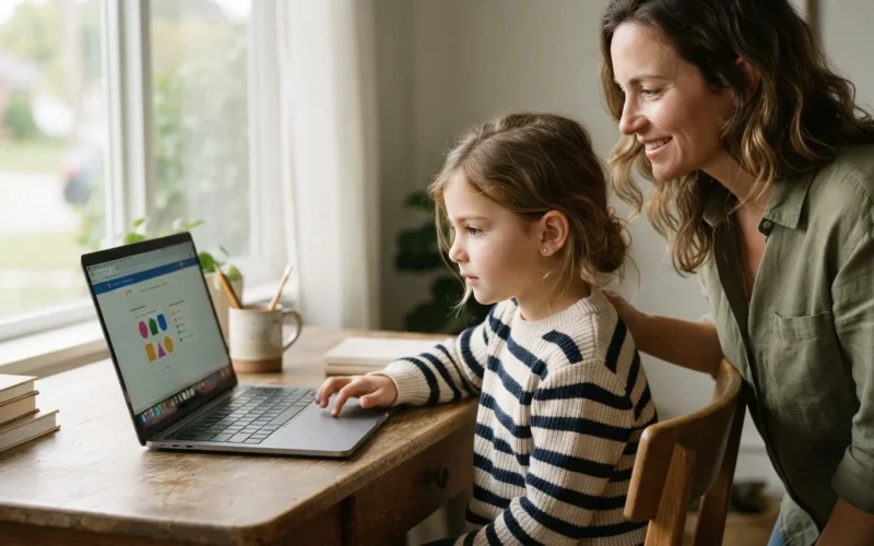 a child using a laptop at a desk while a parent looks on