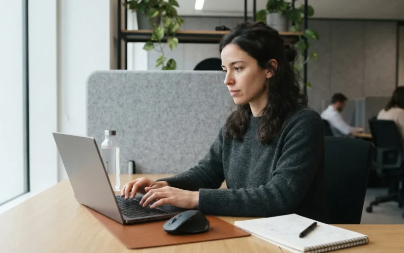 a person working in a quiet office zone with acoustic panels