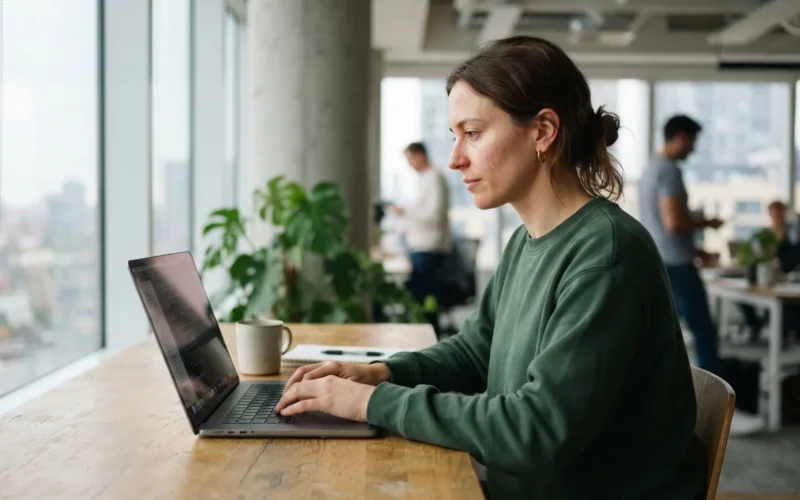 a person working on a laptop in a modern office