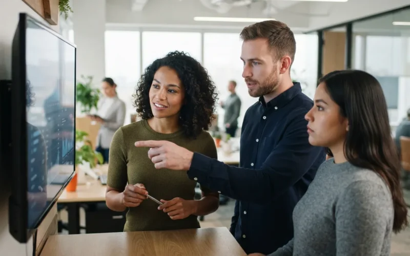 employees looking at a digital screen in a modern office