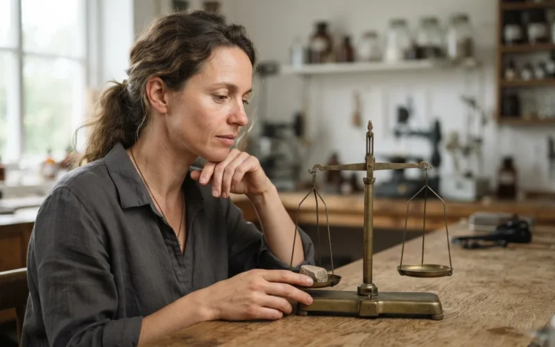 a person looking thoughtfully at a balancing scale