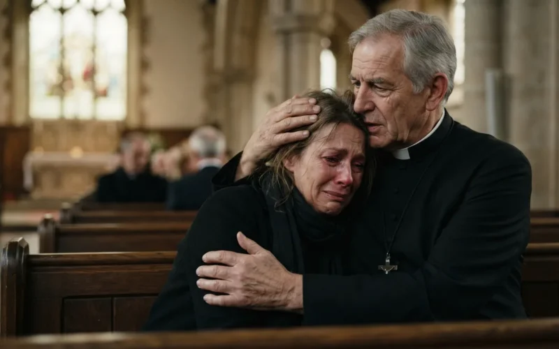 an elderly priest offering comfort to a grieving person