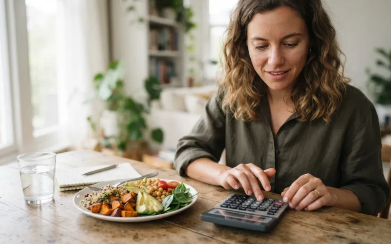 a person using a calculator with a plate of healthy food