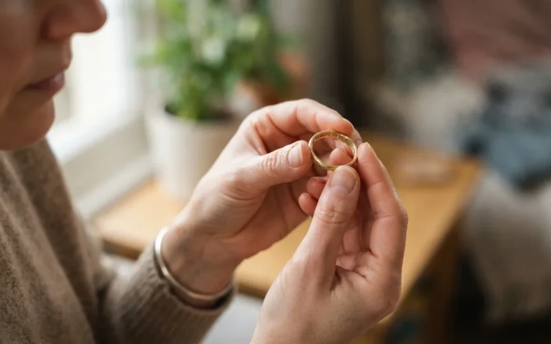 a person holding a piece of jewelry with visible engraved text