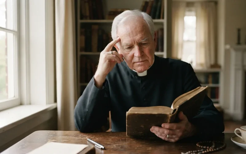 a Catholic priest in a thoughtful pose, holding a book