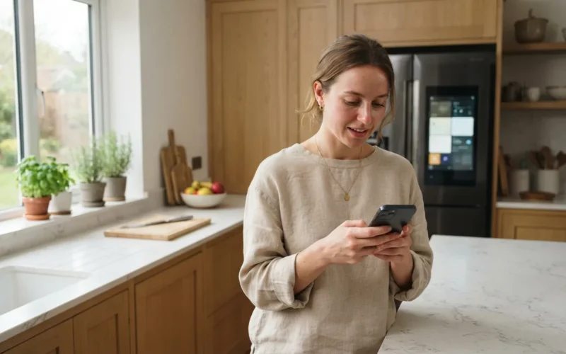 a person checking their phone in a modern kitchen with a smart refrigerator