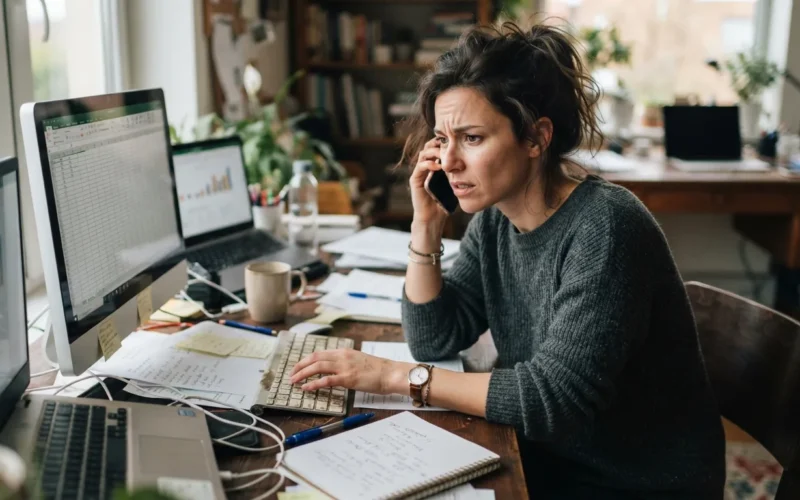a person looking stressed while multitasking at a messy desk