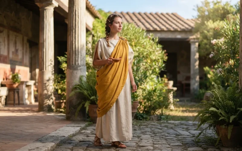 a woman in a flowing ancient Roman dress standing in a sunlit courtyard