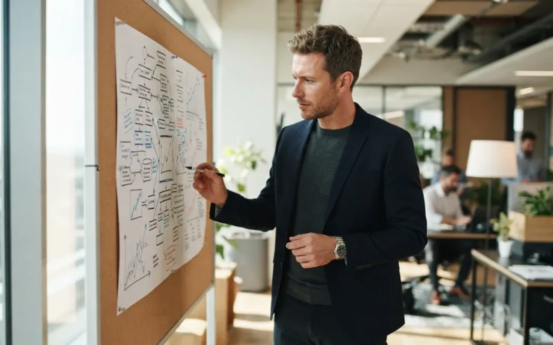 a professional in a modern office looking at a chart