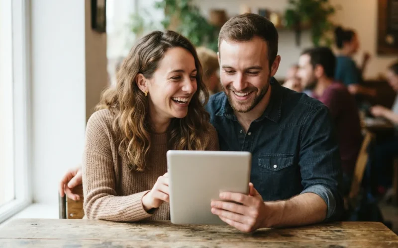 a couple looking at a smartphone or tablet together, smiling