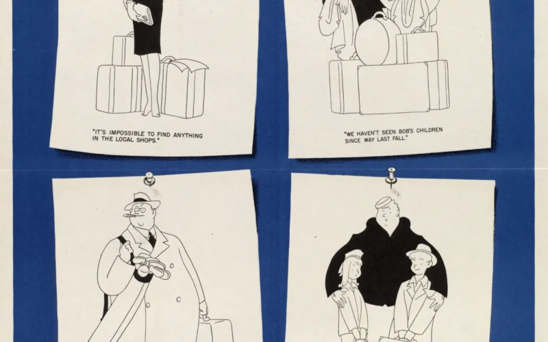 Four cartoons of travelers, in the upper left a woman wants to go shopping, in the upper right a couple plan a vacation, in the lower left, a businessman carries golf clubs and plans a contract, in the lower right, a woman and two children plan to visit Grandma. 1945--O-640444.
