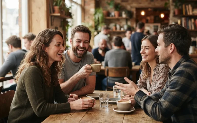 people socializing in a cozy cafe