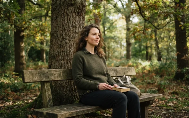 a person sitting peacefully among trees in a park