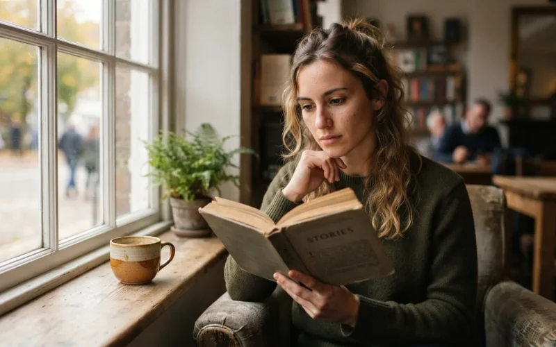 a person reading a book with a cup of coffee by a window