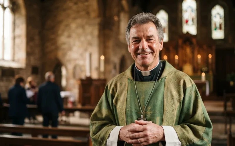 a smiling priest in a church