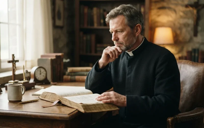 a priest sitting at a desk with a book and a thoughtful expression