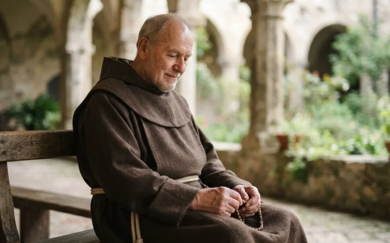 a Catholic monk in a brown robe with a serene expression
