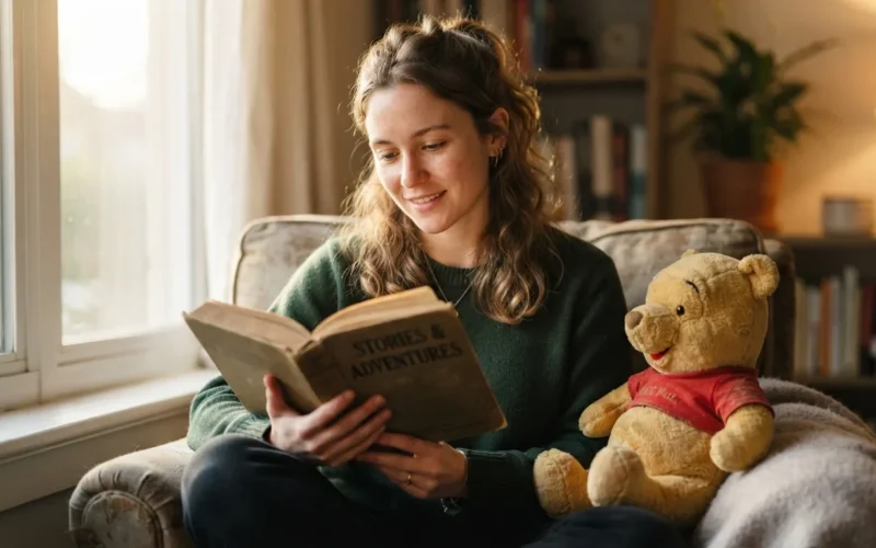 a person reading a book with a Winnie the Pooh plush toy