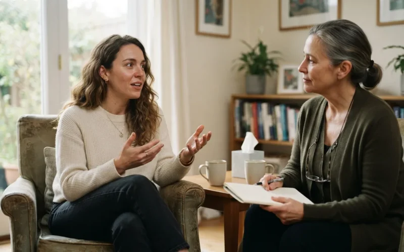 a woman talking with a therapist in a counseling session