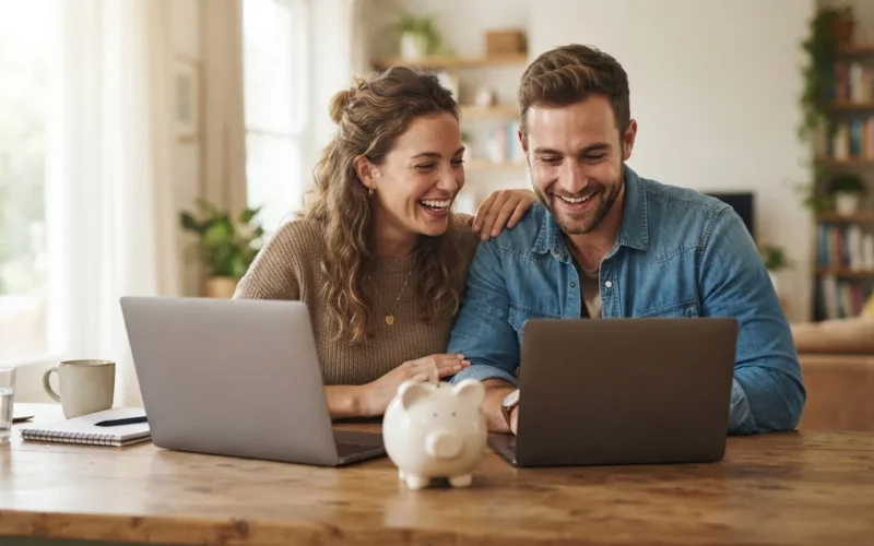a happy couple looking at a laptop with a piggy bank on the table