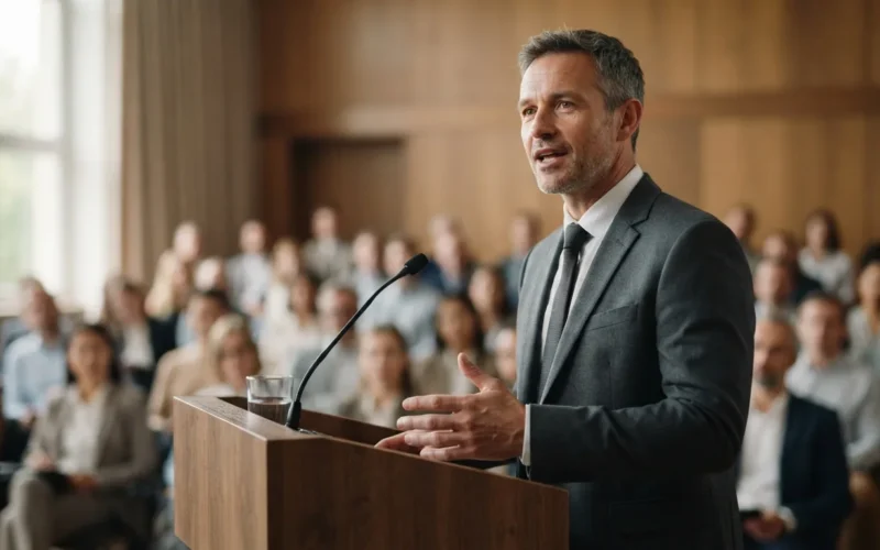 a man in a suit speaking at a podium