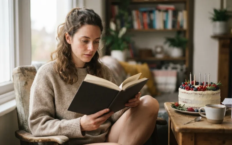 a person reading a book with a birthday cake nearby