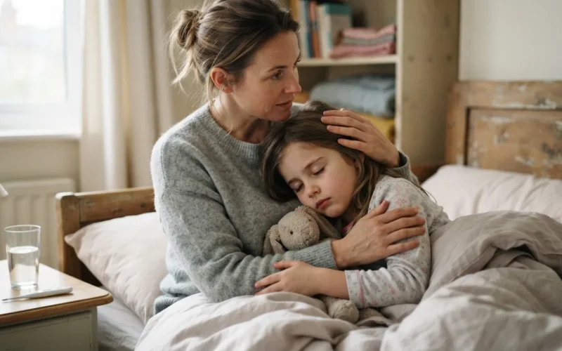 a parent comforting a sick child in bed