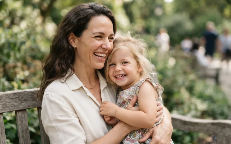 a mother and child smiling together