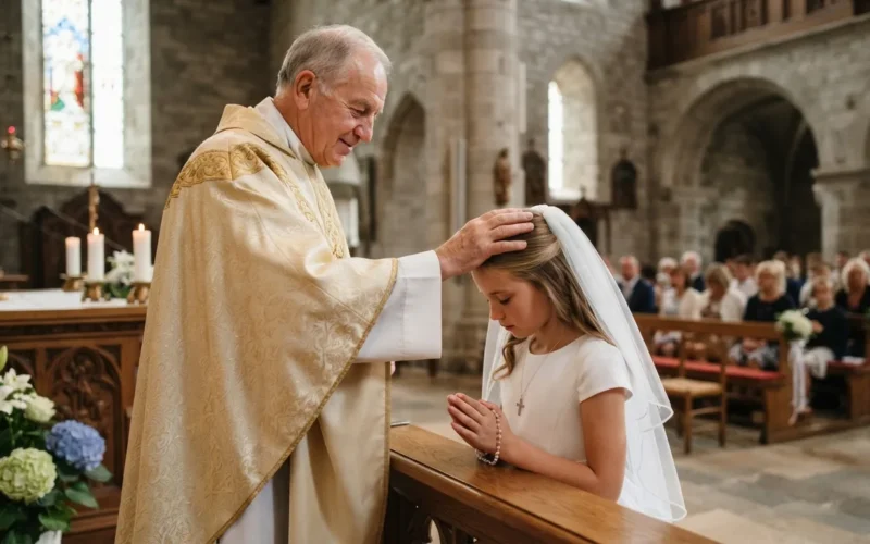 a young person being blessed by a priest during a church ceremony