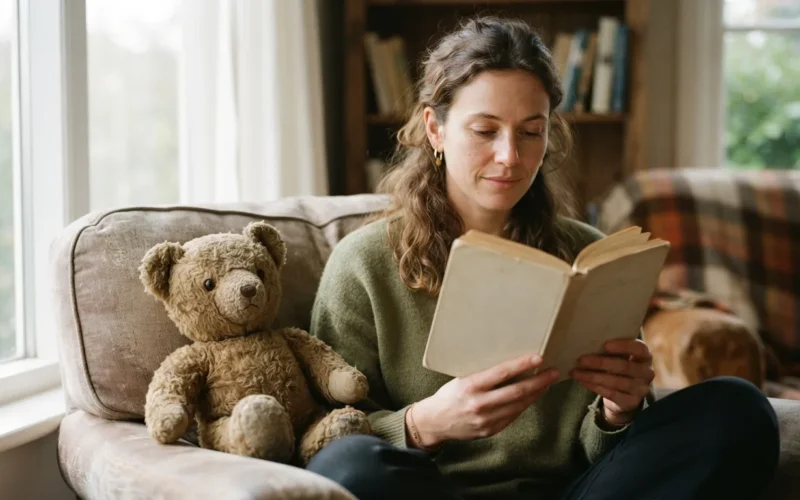 a person reading a book with a soft toy bear beside them