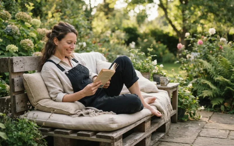 a person relaxing on a pallet sofa in a garden