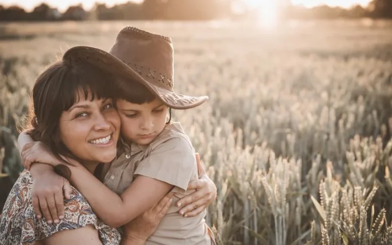 Smiling mom embracing cute son wearing hat while sitting in agricultural field in sunny evening at sundown