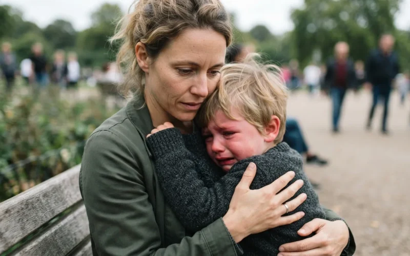 a parent holding a distressed young child
