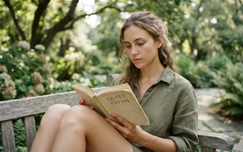 a person reading a book in a peaceful outdoor setting