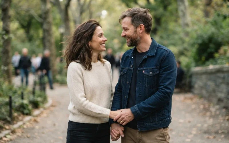 a couple holding hands, looking at each other