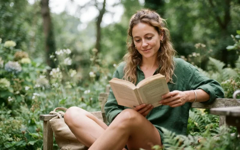a person reading a book in a peaceful outdoor setting