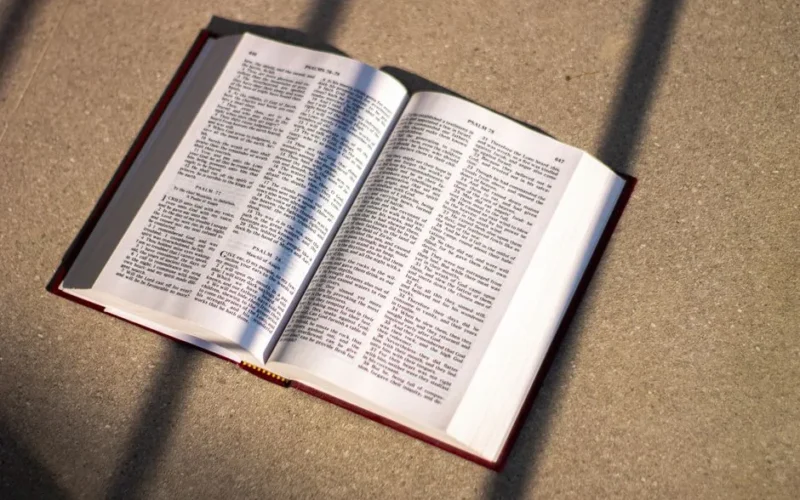 An open Bible casting shadows on a floor in natural light, emphasizing scripture and reflection.